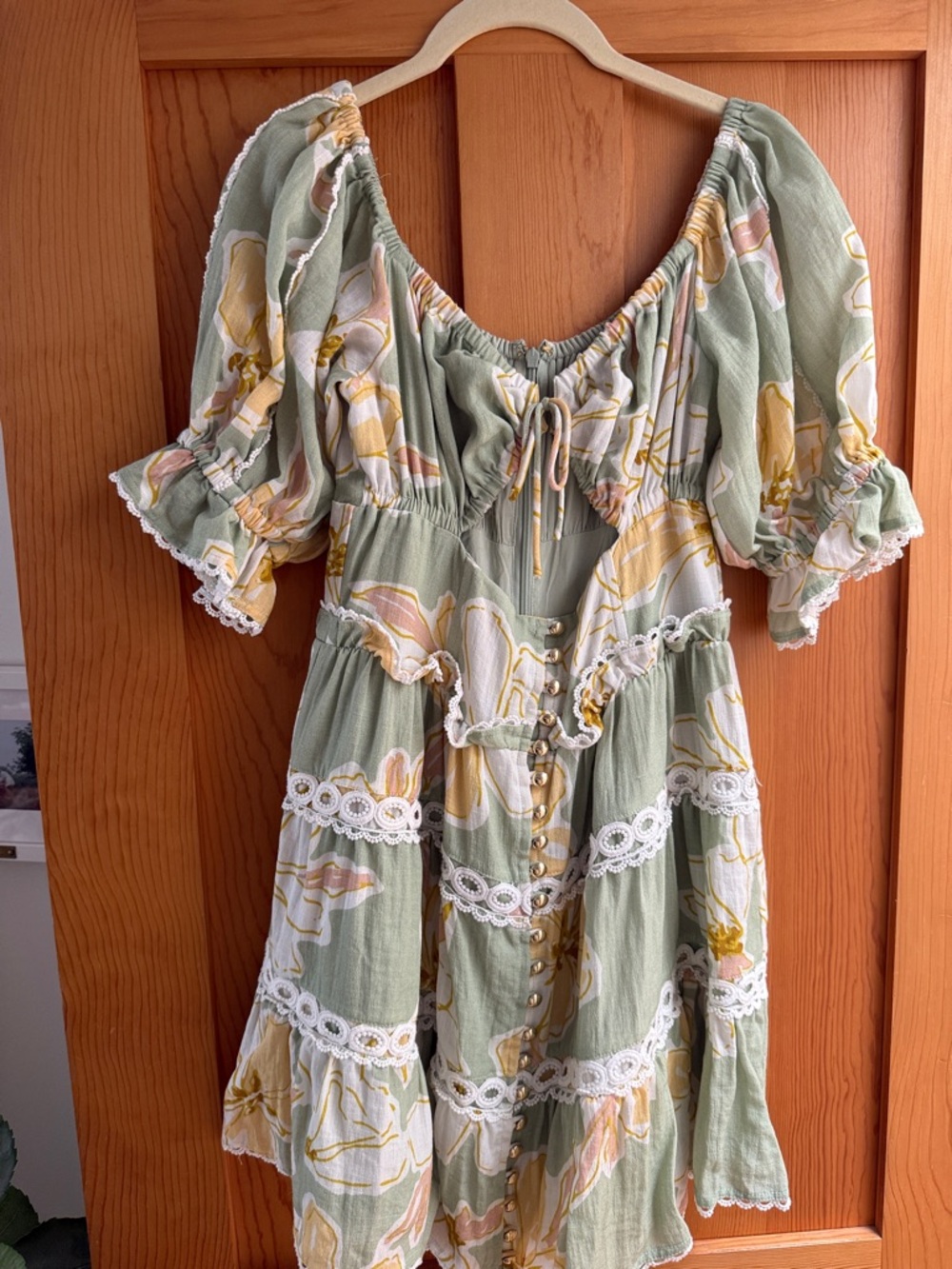 Sage Green Floral Puff Sleeve or strapless Button-Front Dress